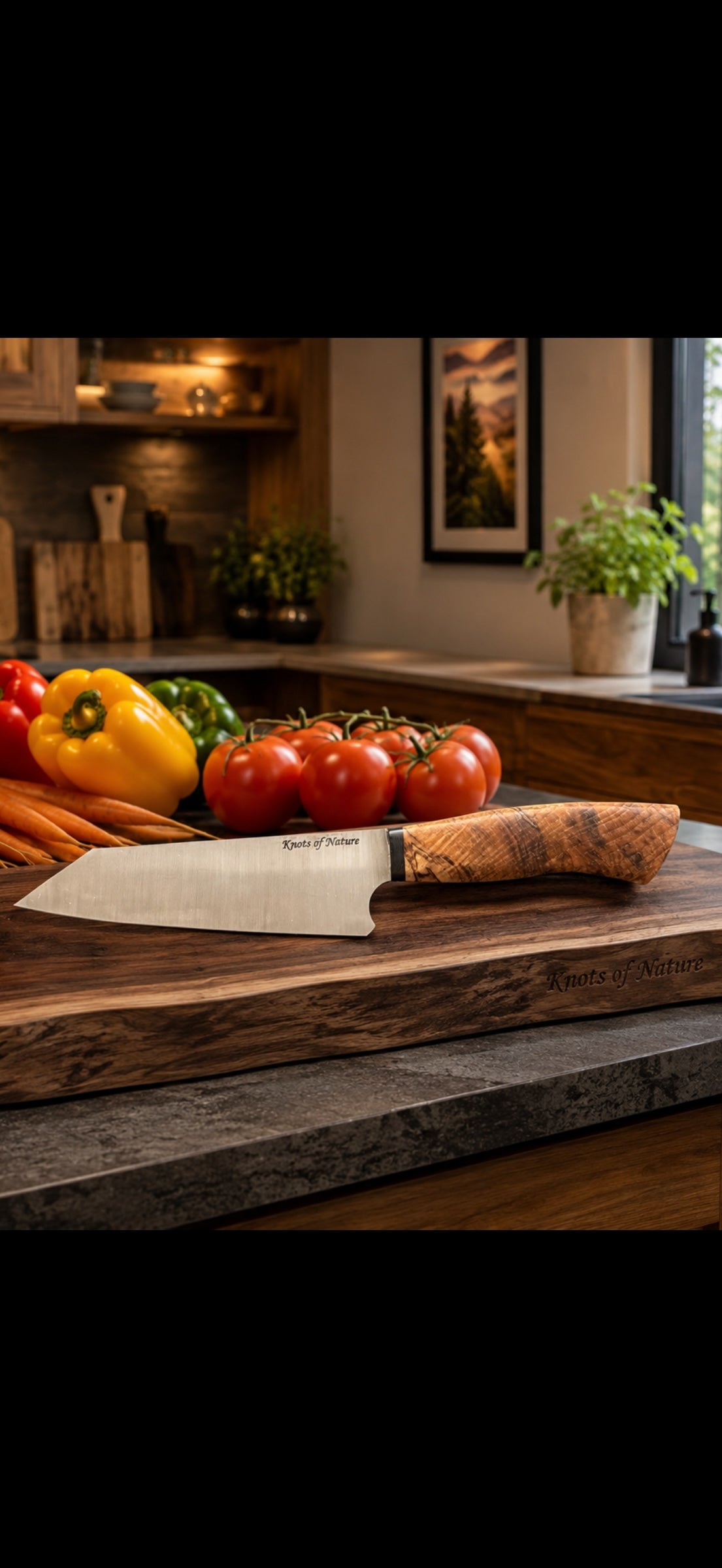 Knots Of Nature Creations handcrafted chef knife with burl wood handle resting on a wooden cutting board in a kitchen.